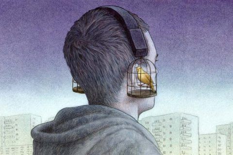 Obra de Pawel Kuczynski. Un joven con auriculares que son jaulas y pájaros. Portada. Imagen destacada