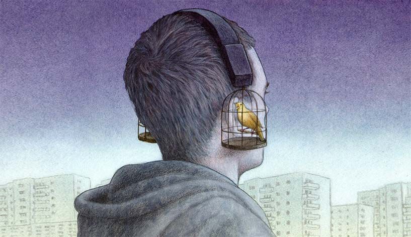 Obra de Pawel Kuczynski. Un joven con auriculares que son jaulas y pájaros. Portada. Imagen destacada