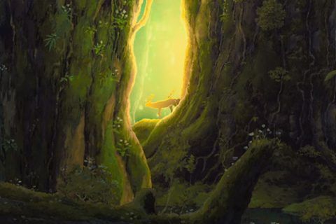 Fotograma de La princesa Mononoke (1997) de Hayao Miyazaki. Ciervos en el bosque. Ecología y tradición
