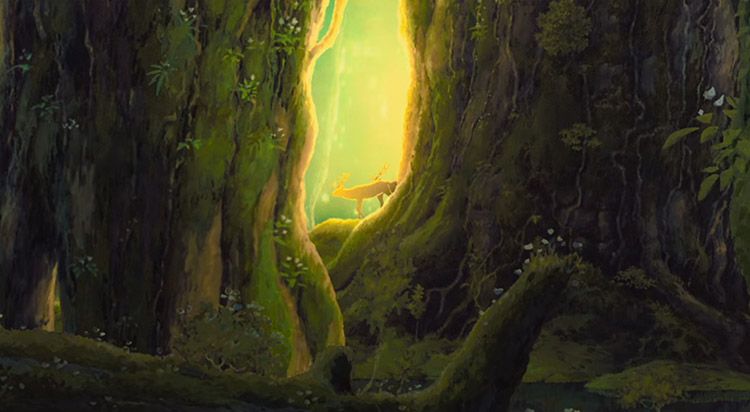 Fotograma de La princesa Mononoke (1997) de Hayao Miyazaki. Ciervos en el bosque. Ecología y tradición