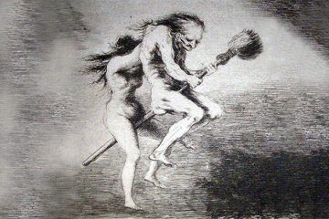 Imagen destacada de artículo en Cultugrafía sobre la historia de las brujas. Linda maestra. Capricho número 68 de Goya.