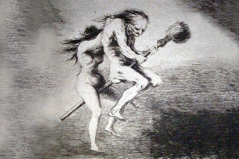 Imagen destacada de artículo en Cultugrafía sobre la historia de las brujas. Linda maestra. Capricho número 68 de Goya.