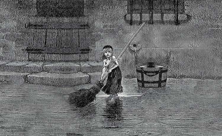 Cosette Sweeping (1862) de Émile Bayard. Portada de Los miserables de Victor Hugo