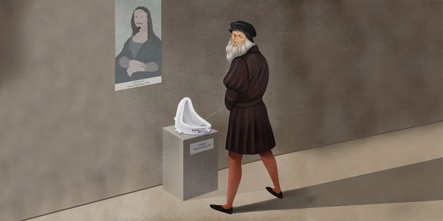Revenge, obra de Marco Melgrati. Da Vinci orinando en La fuente de Duchamp. Arte en Cultugrafía, difusión y crítica cultural.