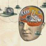 La cabeza de un hombre en la que se ve el interior. Aparecen diferentes sombreros con diferentes maquinarias como si cada uno fuese para pensar de maneras diferentes. Rewriring the Brain (Reconectando el cerebro). Obra de David Plunkert.