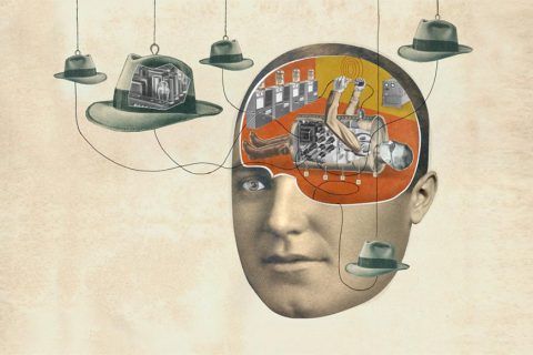 La cabeza de un hombre en la que se ve el interior. Aparecen diferentes sombreros con diferentes maquinarias como si cada uno fuese para pensar de maneras diferentes. Rewriring the Brain (Reconectando el cerebro). Obra de David Plunkert.