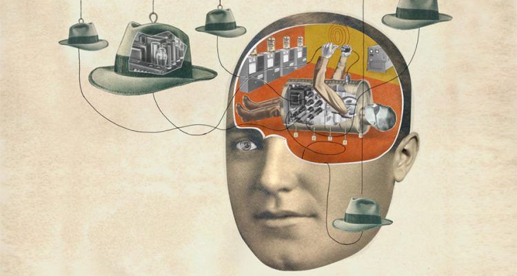 La cabeza de un hombre en la que se ve el interior. Aparecen diferentes sombreros con diferentes maquinarias como si cada uno fuese para pensar de maneras diferentes. Rewriring the Brain (Reconectando el cerebro). Obra de David Plunkert.