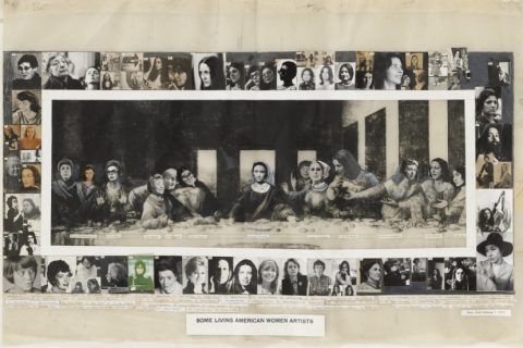 Foto destacada del artículo de Cultugrafía. Some Living American Women (1972) de Mary Beth Edelson. Recreación de mujeres artistas en la última cena.