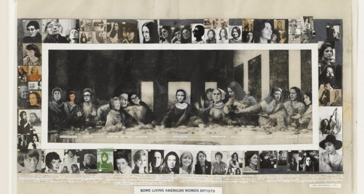 Foto destacada del artículo de Cultugrafía. Some Living American Women (1972) de Mary Beth Edelson. Recreación de mujeres artistas en la última cena.