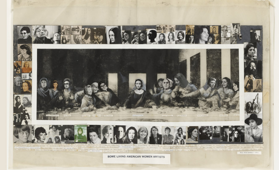 Foto destacada del artículo de Cultugrafía. Some Living American Women (1972) de Mary Beth Edelson. Recreación de mujeres artistas en la última cena.