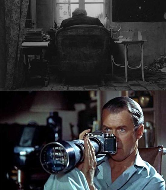 El doctor (Peter Berling) en Sátántangó y el personaje encarnado por James Stewart en La ventana indiscreta (1954), de Alfred Hitchcock. Ambos “espían” a través de sus ventanas como detectives, pero sus pretensiones son diferentes. Cultugrafía, difusión y crítica cultural.