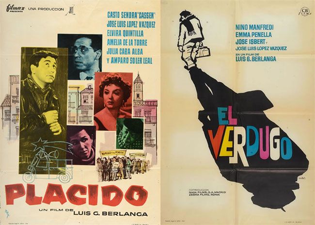 Carteles originales de Plácido (1961) y El verdugo (1963). Consideradas como dos de las mejores películas del dúo Berlanga (director) y Azcona (guionista), además de dos obras maestras del cine español.
