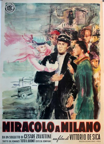 Cartel de Milagro en Milán (1951) de Vittorio De Sica. Comparativa de Plácido de Berlanga con Milagro en Milán de Vittorio De Sica.