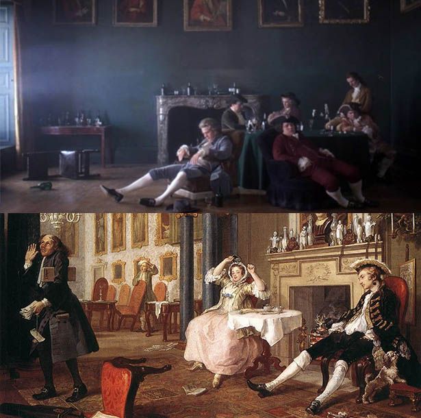 Plano de Barry Lyndon que recrea o imita el Casamiento a la moda II (1743), de William Hogarth.