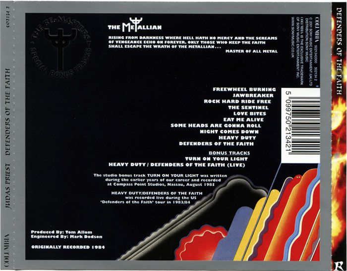 Contraportada Defenders of the Faith de Judas Priest.