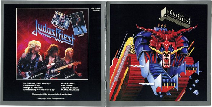 Portada y contraportada libreto álbum Defender of the Faith de Judas Priest. Cultugrafía. Análisis y crítica musical. Difusión cultural.