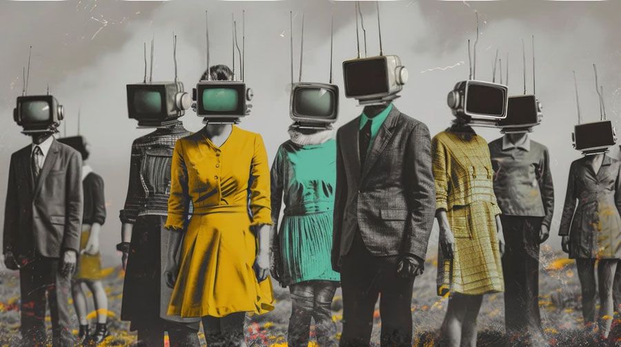 Un escalofriante collage de figuras humanas con televisores retro, de pie como zombis, que retratan la censura, la desinformación y el seguimiento ciego de las masas. Imagen de MDABDULMALEKMOLLA. La sociedad de-transfigurada.