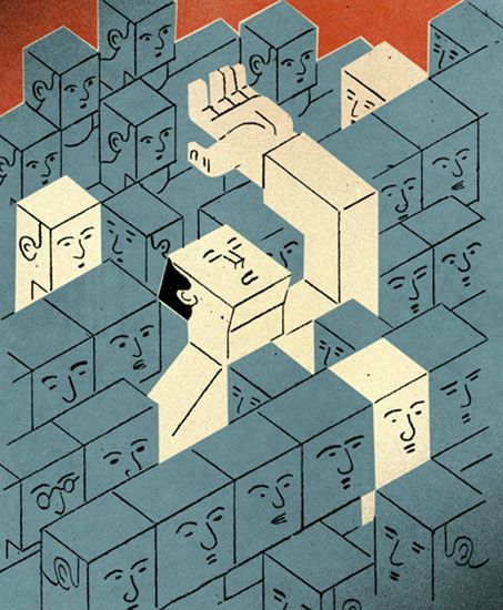 White Anxiety, obra de David Plunkert. sobre la La sociedad de-transfigurada.
Una reflexión sobre la pérdida de pluralidad del mundo en Cultugrafía, difusión y crítica cultural