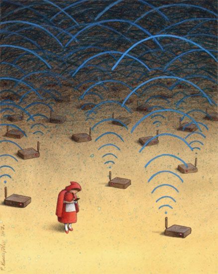 Alone, obre de Pawel Kuczynski. La obra describe a caperucita roja completamente sola y rodeada por routers emitiendo señal. Desde la desigualdad económica hasta la desconexión social, la intermitencia del presente plantea desafíos existenciales y políticos que requieren una profunda reflexión y acción.