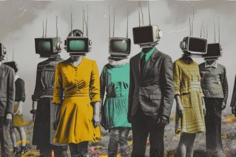 Un escalofriante collage de figuras humanas con televisores retro, de pie como zombis, que retratan la censura, la desinformación y el seguimiento ciego de las masas. Imagen de MDABDULMALEKMOLLA. La sociedad de-transfigurada.