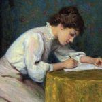 Mujer joven, escribir una carta (1874). Federico Zandomeneghi.