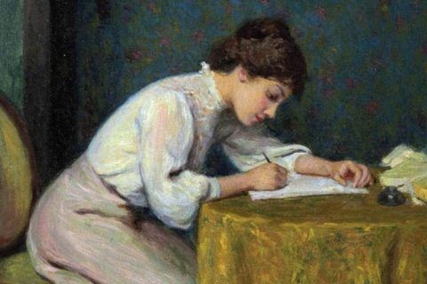Mujer joven, escribir una carta (1874). Federico Zandomeneghi.