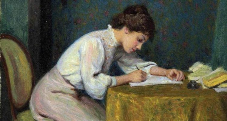 Mujer joven, escribir una carta (1874). Federico Zandomeneghi.