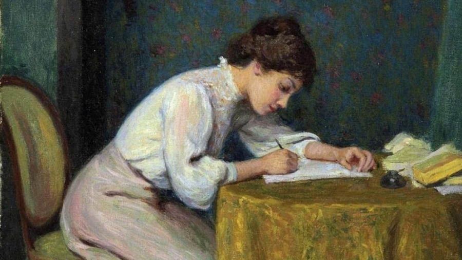 Mujer joven, escribir una carta (1874). Federico Zandomeneghi.