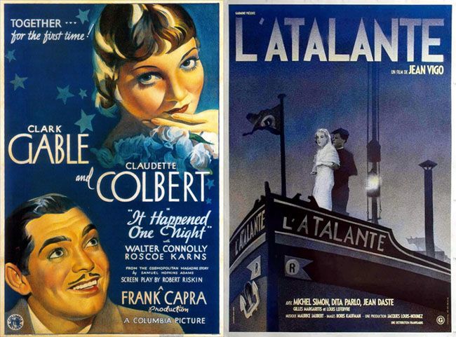 Cartel de Sucedió una noche (1934) de Frank Capra y Cartel de L'Atalante (1934) de Jean Vigo. Análisis y crítica cinematográfica en Cultugrafía, difusión y crítica cultural. El realismo poético frances de principios de siglo XX