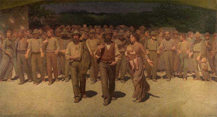 El Cuarto Estado (1901), obra cumbre de Giuseppe Pellizza da Volpedo, encarna la dignidad del proletariado en su lucha por la equidad social. Pintada en el crepúsculo del siglo XIX, esta pieza captura la marcha inexorable de obreros en paro, simbolizando la unidad y la resolución frente a la adversidad. Sin rastro de violencia, la composición transmite un avance sereno pero imparable, reflejando la convicción en el avance social. Pellizza da Volpedo, con pinceladas de crítica y compasión, revela la fragilidad de los trabajadores en una Italia en plena efervescencia industrial, clamando por una transformación social profunda y justa.