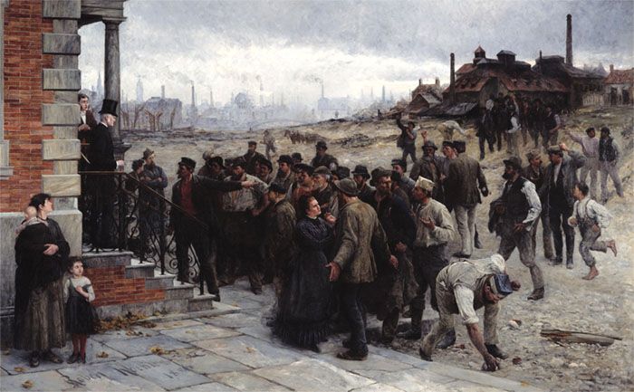 The Strike, La huelga (Robert Koehler, 1886). Koehler retrata el momento álgido de una disputa laboral, con los trabajadores en un lado y el patrón en el otro. El patrón, impasible y elevado, se yergue sobre los peldaños de su residencia, marcando una distancia física y simbólica con la multitud. Los obreros, por su parte, se agrupan solidariamente detrás de su portavoz, quien, con su camisa de tonos encendidos, se erige como el corazón de la resistencia. La escena, cargada de un dinamismo contenido, refleja la inminente erupción de la lucha de clases, una narrativa visual que Koehler articula con destreza y profundidad.