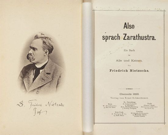 Portada y contraportada de una de las primeras ediciones alemanas de Así habló Zaratustra (1883-85), del filósofo alemán Friedrich Nietzsche. ¿Se puede realizar una lectura de Persona a partir de su teoría del “hombre nuevo”?