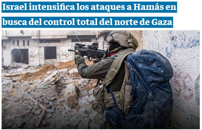 Captura del periódico El Tiempo (Colombia): "Soldado israelí en la Franja de Gaza, en medio de las continuas batallas con Hamás. FOTO:
Ejército de Israel/ AFP".