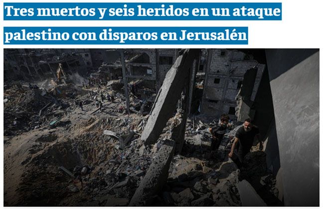 Captura del periódico El Tiempo (Colombia): "Palestinos inspeccionan los escombros en el campo de refugiados de Jabalia. FOTO: EFE".