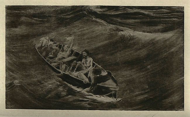 Los náufragos Arthur Gordon Pym,Augustus yDirk Peters (sin Richard Parker). Ilustración: La narración de Arthur Gordon Pym II, de Albert Edward Sterner. En: The Works of Edgar Allan Poe; Newly Collected and Edited... by Edmund Clarence Stedman and George Edward Woodberry. Fuente: Poe Online