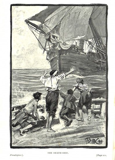 Arthur Gordon PymAugustusDirk PetersRichard Parker en la Cubierta del Grampus. Obra: El barco de la muerte, ilustración de Arthur David McCormick. En: Arthur Gordon Pym. A Romance (1898). Fuente: Poe Online.