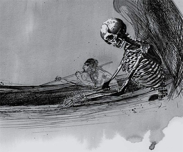 El ilustrador argentino Luis Scafatti ideó esta y muchas otras ilustraciones sobre los acontecimientos que ocurren al rededor del ballenero donde viaja de polizón Arthur Gordon Pym. Extraido de Narración de Arthur Gordon Pym (Serie Illustrata).