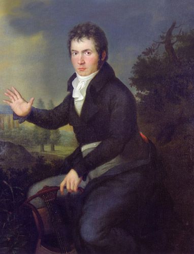 Retrato de Beethoven hacia 1804-1805 por el pintor alemán Joseph Willibrord Mähler. Beethoven compuso su quinta sinfonía entre 1804 y 1805, en la denominada etapa heroica,caracterizada por la fuerza, la lucha y el heroísmo del compositor ante su creciente sordera.