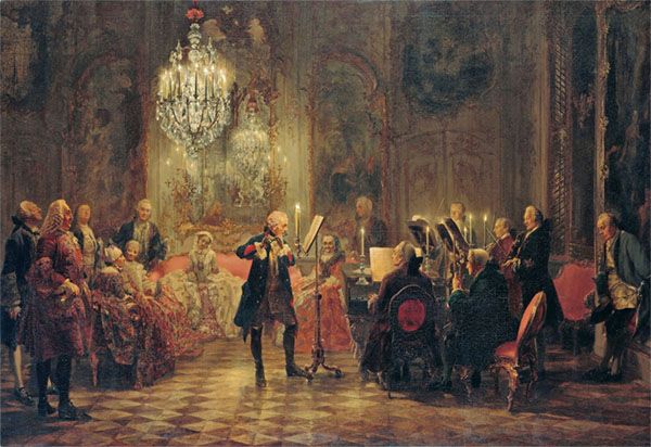 Concierto para flauta de Federico el Grande en Sansoucci (1852) por el pintor alemán Adolph von Menzel. Música durante el barroaco como divertimento. En el siglo XVIII (la pintura recrea una escena ambientada hacia 1740) eran muy comunes las reuniones sociales en las que se incluía música para amenizar las veladas y mostrar las habilidades musicales de los anfitriones.