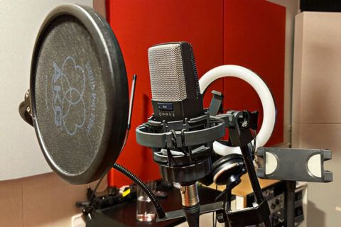 Antipop con micrófono de condensador cardioide para estudio de grabación. AKG C414.