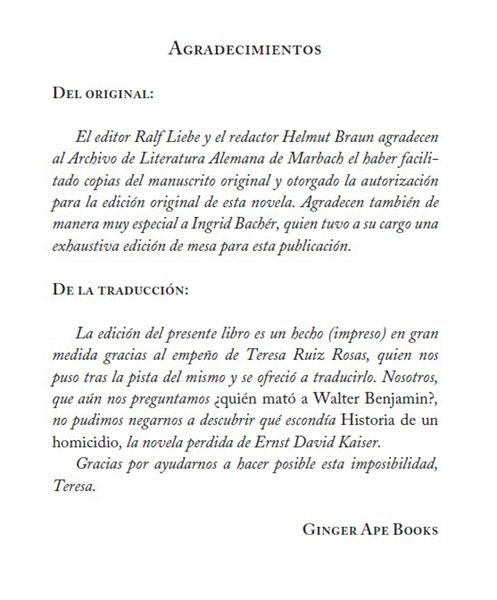 Página de agradecimientos Historia de un homicidio, Ginger Ape Books, 2023. Sobre ernst david kaiser.