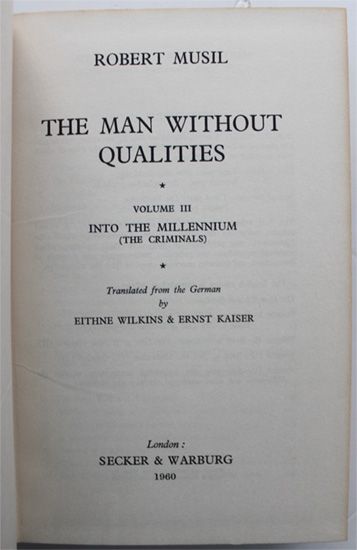 Portadilla del Vol. III de The Man Without Qualities, Secker & Warbug, 1969. Relacionada con ernst david kaiser.