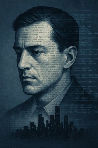 El pensamiento crítico, la observación social y el pesimismo existencial se mantienen del naturalismo al noir digital. La imagen, creada con IA, representa un rostro pensativo e incluye capas superpuestas de texto mecanografiado, mapas urbanos y fragmenos de código digital.
