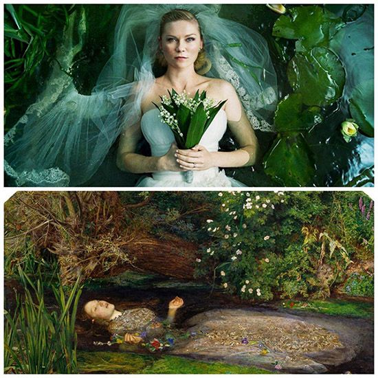 Un ejemplo de la belleza pictórica que atesora Melancolía (2011) es esta imagen de Justine (Kirsten Dunst). Debajo, una muestra de su paralelismo con la obra Ofelia (1851), del pintor romántico inglés, John Everett Millais.