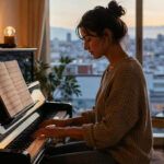 Mujer relajada tocando el piano