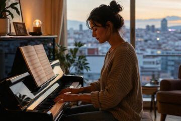 Mujer relajada tocando el piano