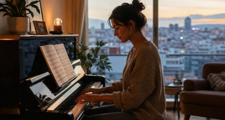 Mujer relajada tocando el piano