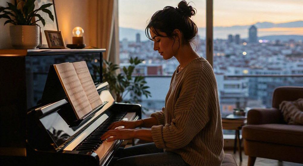 Mujer relajada tocando el piano