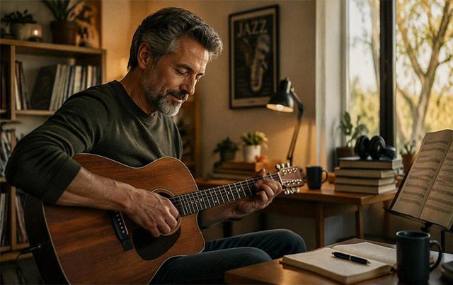 Hombre relajado tocando la guitarra.
